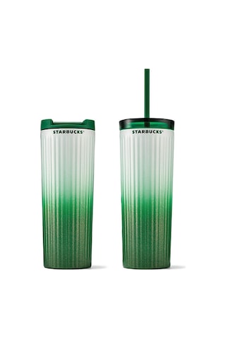 Starbucks Yeşil Beyaz Geçişli Çift Kapaklı Çelik Termos 473ml Yeşil