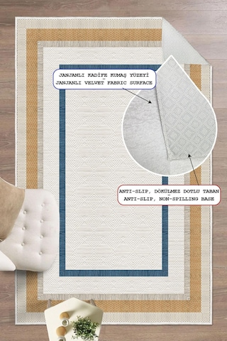 Modern Çerçeve Desenli Dekoratif Kaymaz Taban Yıkanabilir Salon Halısı Altın