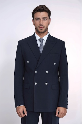 Gümüş Renk Metal Düğmeli Slim Fit Kruvaze Lacivert Erkek Takım Elbise Wessi Lacivert