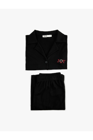 Koton Uzun Kollu Viskon Karışımlı Örme Nakışlı Yılbaşı Pijama Takımı Siyah 6wlk40285mk Siyah