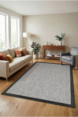 Çerçeveli Bohem Dokunuşlu Doğal Tonlarda Modern Sisal Siyah Gri Renk Halı Krem