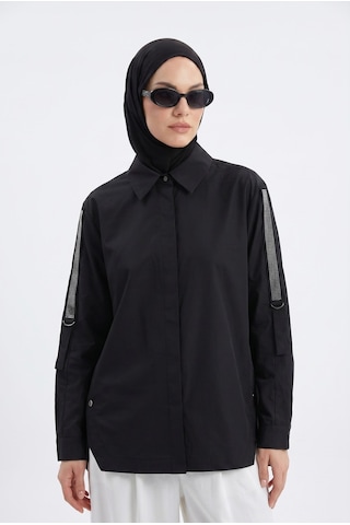 Armine Trend Kolları Taş Detaylı Bluz Gömlek Siyah 25kt301