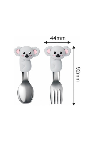 Koala Figürlü Açık Gri Premium Çocuk Bpa Free Silikon Saplı Paslanmaz Çelik Uçlu Çatal-kaşık, 9+ Ay