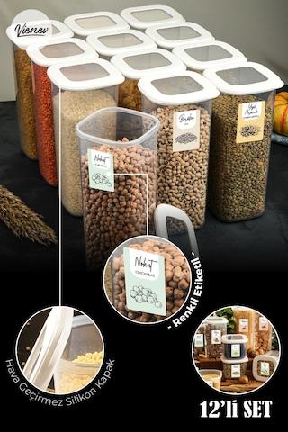 Vienev Renkli Etiketli Kare Saklama Kabı Beyaz 12'li Beyaz