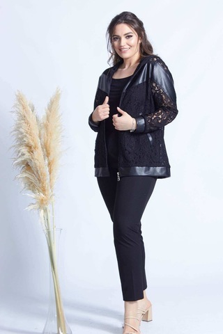 4031 SİYAH FERMUARLI DERİLİ KOMBİN DANTEL BÜYÜK BEDEN CEKET Siyah