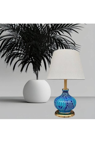 Patara Abajur Gold Kaplamalı Mavi Çini Krem Şapka Mavi