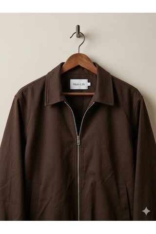 Mero Life Erkek Basic Old Money Fermuarlı Oversize Mevsimlik Polo Yaka Gabardin Kumaş Kahverengi Ceket