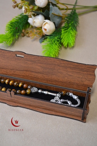 Kaplan Gözü Taşlı 33 Lü Erkek Tesbih Enerji Taşı, Ahşap Kutulu Çok Renkli