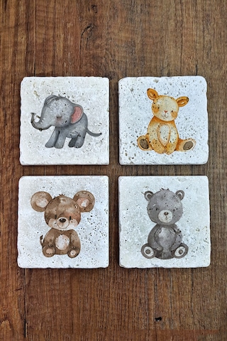 Sevimli Hayvanlar Temalı Doğal Taş Bardak Altlığı - Stone Coasters Çok Renkli