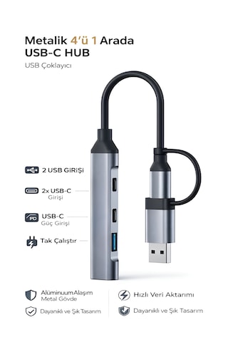 Usb-c Hub 4in1 Dönüştürücü 2x Usb 2x Type-c Alüminyum Çevirici Tak Çalıştır Çoklayıcı 1pcs