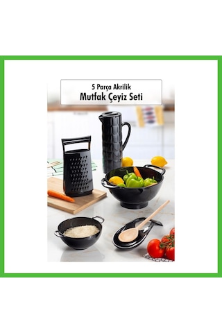 Vaveni Akrilik Siyah 5 Parça Sürahi & Rende & Süzgeç & Mini Süzgeç & Kaşıklık & Mutfak Çeyiz Seti Arz