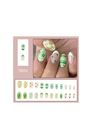 İlkbahar Ve Yaz Taze Oval Kalp Takma Tırnaklar Yeşil Çizgiler Kontrast Renk Fransız Aşınma Tırnakları Çiçek Izgara Tırnak Sanatı 24 Parça Dahil Araçlarys053