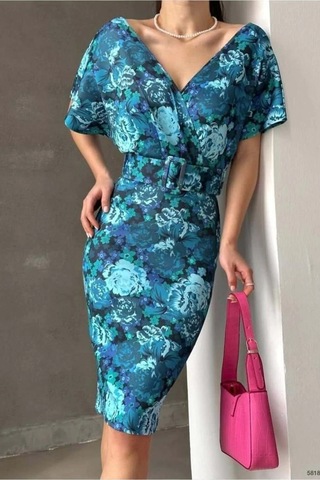 Emvera Kadın Esnek Likralı Kumaş Kruvaze Yaka Kemerli Elbise Mavi