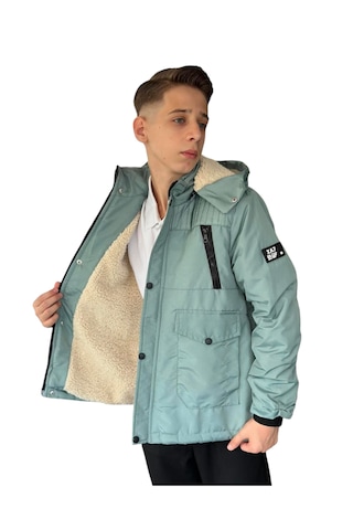 Erkek Çocuk Fermuar Torba Cepli Fermuar Çıtçıt Kapamalı Peluş Astarlı Kapüşonu Çıkabilen Yeşil Mont Yeşil