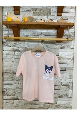 Aysbebe Kuromi Kabartma Baskılı Fırçalı Kumaş Kız Çocuk Tişört Pudra Pembe 1950