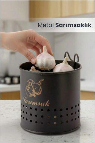 Metal Lüx Asılabilir Siyah Sarımsaklık Kovası Sarımsak Saklama Kabı
