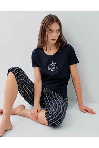Pierre Cardin 9207 Modal Pamuk Cepli Kısa Kol Kapri Kadın Pijama Takımı Lacivert