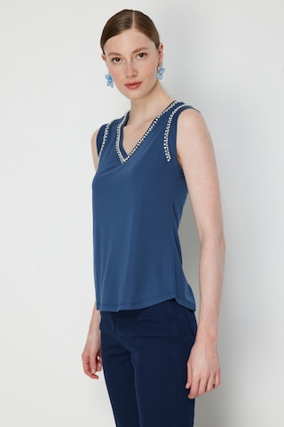 On Kadın V Yaka Taş Detaylı Bluz 71435 Indigo