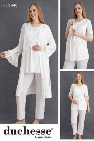 Duchesse 3040 Ekru 3'lü Hamile Lohusa Pijama Sabahlık Takım