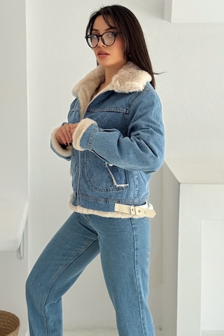 Kadın Kürk Astarlı Denim Ceket Sıcak & Sokak Stili Mavi