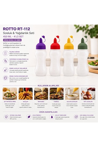 Rotto Rt-112 450ml Yağdanlık Sosluk Şeffaf Plastik Şişe Renkli Kapak Ölçekli Ketçap Mayonez - 24'li Paket Diğer