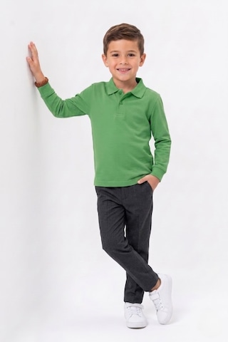 Nacar Store Unisex Çocuk Uzun Kollu Polo Yaka Lakost Okul Tişörtü Fıstık Yeşil