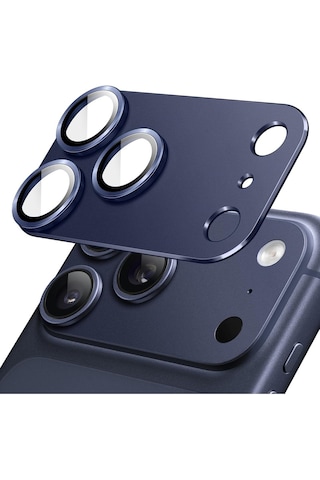 Apple Uyumlu iPhone 17 Pro Tek Parça Tam Kapatan Metal Temperli Kamera Lens Koruyucu Mavi