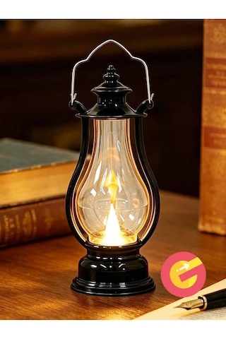 Retro Alev Efektli Led Lamba Pilli Gaz Lambası Modeli Kandil Atmosfer Dekoratif Ramazan Yılbaşı Aydınlatma Siyah