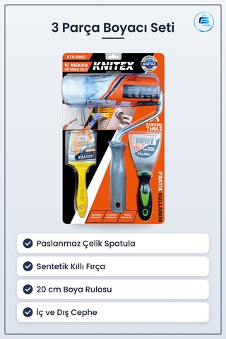 3 Parça Boyacı Seti Spatula Kestirme Fırça 20 Cm Boya Rulo İç Cep