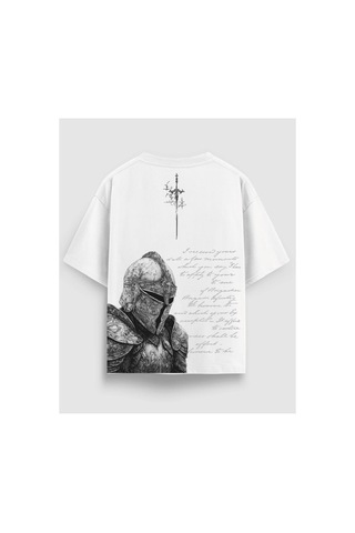 Yolo Street Zırhlı Şövalye Baskılı Oversize Unisex Tişört %100 Pamuk Streetwear Beyaz1x
