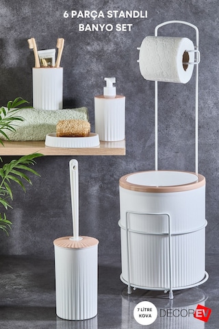 Decorev Banyo Set 6 'lı Metal Standlı Tuvalet Wc Kağıtlık Lüks Set Beyaz