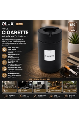 Qlux C-00570 Küllük 660cc No-08 Cıgarette Siyah Cam Kül Tablası Siyah Plastik Kapak - 12'li Paket