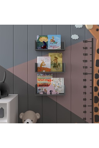 Asra Trend Çocuk Odası Duvar Rafı Kitaplık ÇR-03 %100 MDF 3'lü Set Antrasit