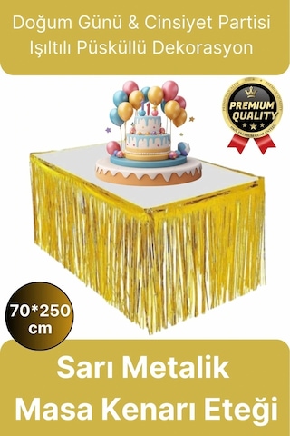 Premium Dekorasyon Püsküllü Işıltılı Doğum Günü Cinsiyet Partisi Sarı Masa Kenarı Eteği 70 250cm Diğer