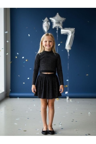 Kız Çocuk Işıltılı Bluz Tül Etekli Takım-16408 Siyah