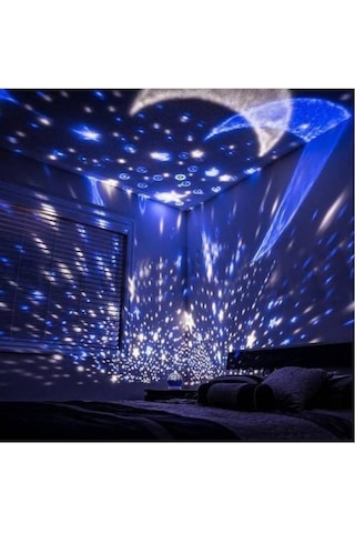 Fastbuy Dönüşlü Ay Yıldız Mavi Led Gece Lambası, Led Projeksiyon Işıklı Çok Renkli