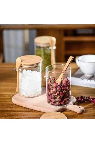 Qerhome Borosilikat Cam Bambu Kapaklı Ve Bambu Kaşıklı Baharat Seti 6 Adet 450ml ŞEffaf