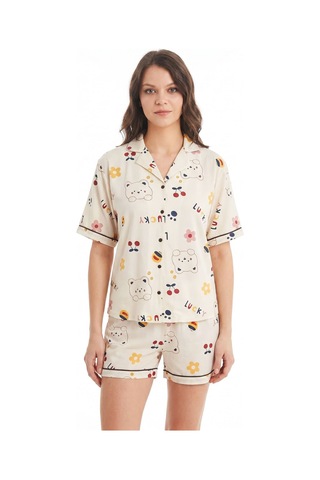 Hepsine Rakip Kadın Düğmeli Kısa Kollu Şortlu Pijama Takımı Cutebear 7518 Krem