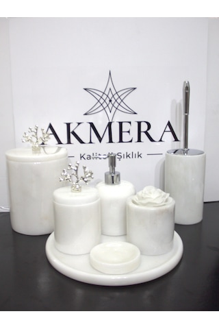 Beyaz Mermer Gümüş Mercan Detaylı 7 Parça Banyo Seti Beyaz