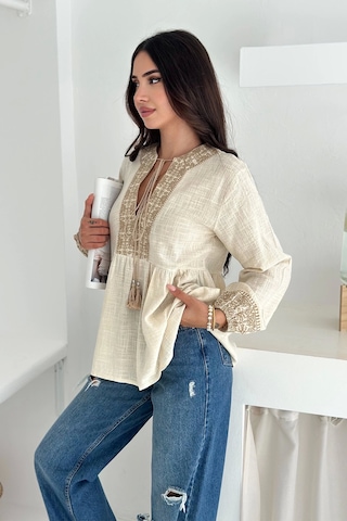 Asprin Fashion Etnik Desenli Bağlamalı Bluz Krem