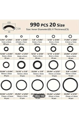 Unıversal Oring Seti Siyah 20 Tip - 990 Adet