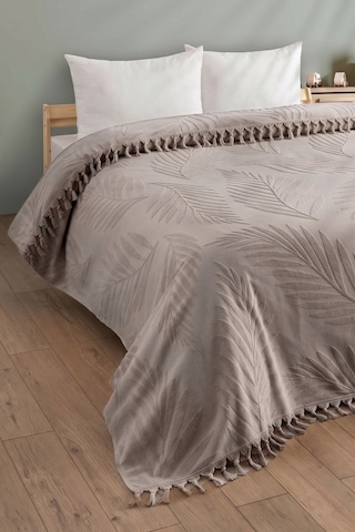 Çift Kişilik Saçaklı Havlu Yatak Örtüsü - %100 Pamuk & Yumuşak & Saçaklı Pike - 200 x 220 Cm - Bej Bej