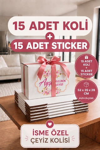 Kişiye Özel Çeyiz Kolisi Seti 52x35x28 Cm 15 Adet Beyaz Bc Dalga Koli + 15 Adet İsimli Sticker Diğer