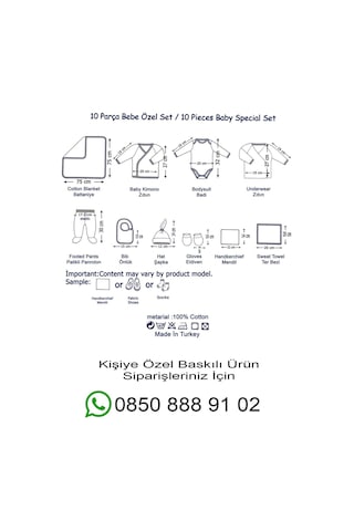 İsim Baskılı %100 Pamuk 10'lu Organik Erkek Bebek Hastane Çıkışı Beyaz