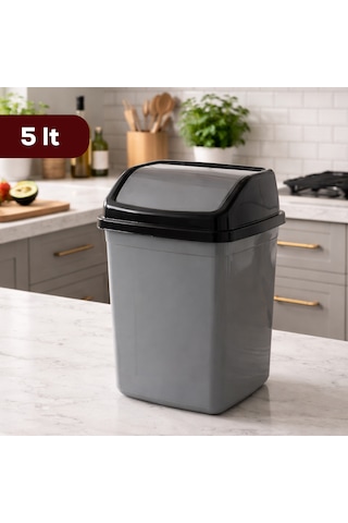 Porsima 0101 Kapaklı Gri-siyah Çöp Kutusu - Favori Banyo Ve Mutfak Çöp Kovası 5lt Siyah