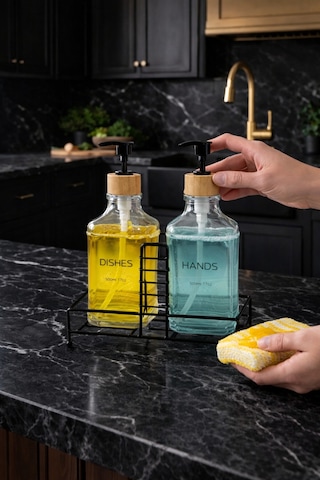 Makri Home Modern Cam Ikili Sıvı Sabunluk & Deterjanlık Seti-500 Ml Cam Sabunluk, Metal Stand'lı Beyaz