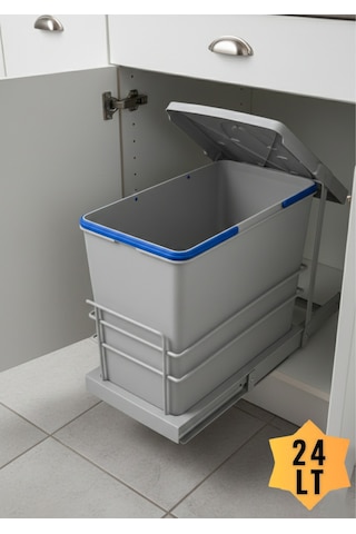 Cassone 24 Litre, Dolap İçi Raylı Gri, Otomatik Çöp Kovası , Kapak Genişliği 40 Cm. Açık Gri