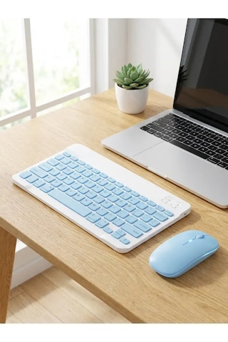 Kablosuz Bluetooth Klavye Ve Dongle Lı Mouse Seti Şarjlı Klavye Ve Fare Kombinasyonu Mavi