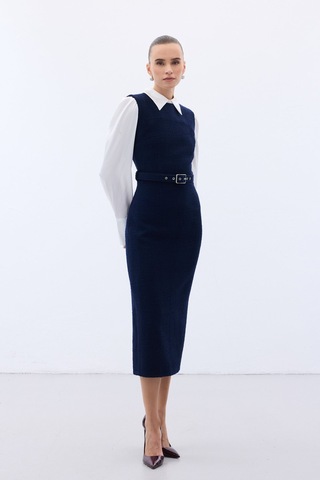 Kemerli Tüvit Elbise - Lacivert-136577 Lacivert