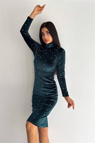 Dip Moda Kadın İnci Detaylı Mini Kadife Elbise Kklf77 - Yeşil Yeşil